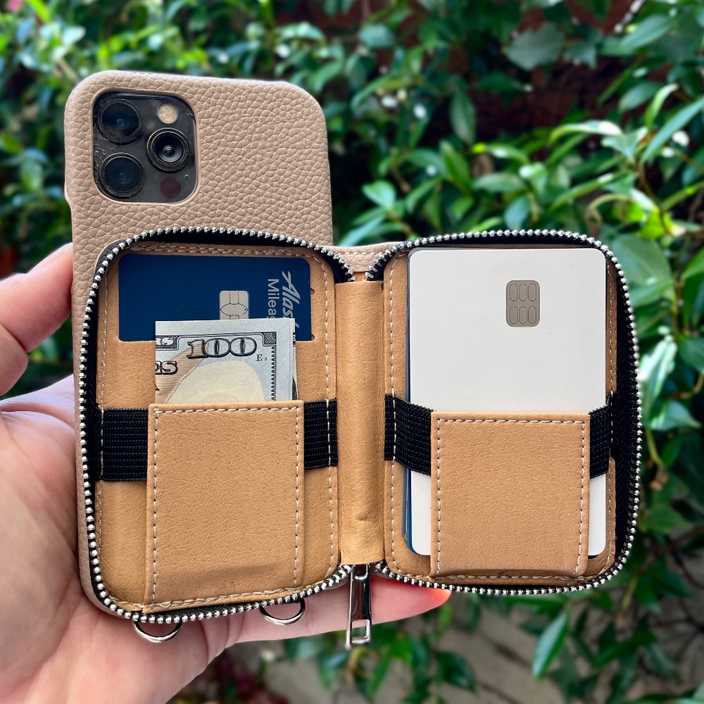 Beige Leather Crossbody iPhone Case for Pro Max Plus 16,15,14,13,12 with Wallet